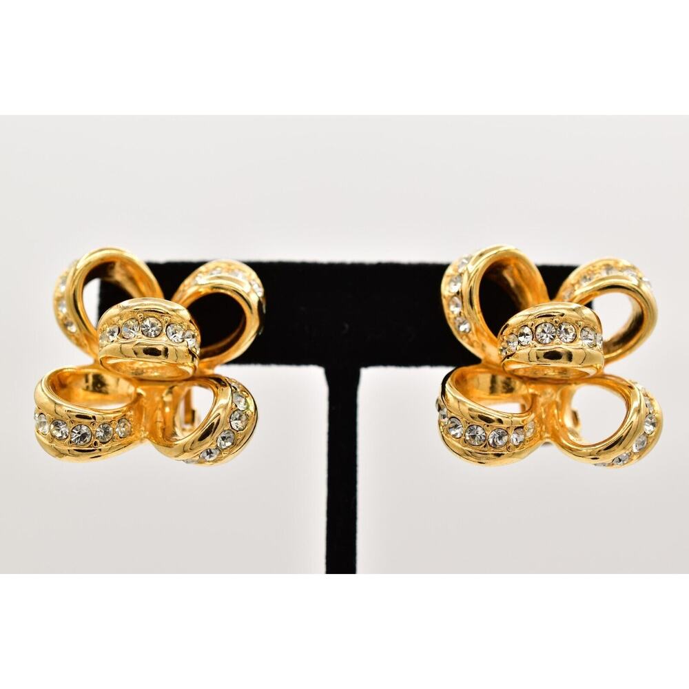 KJL Vintage Crystal Bow Clip Earrings Knot Gold Tone Chunky Signed 1990s BinBF